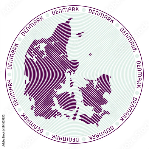 Denmark round logo design. Country shape built of rings. Denmark text around the country. Vector illustration.