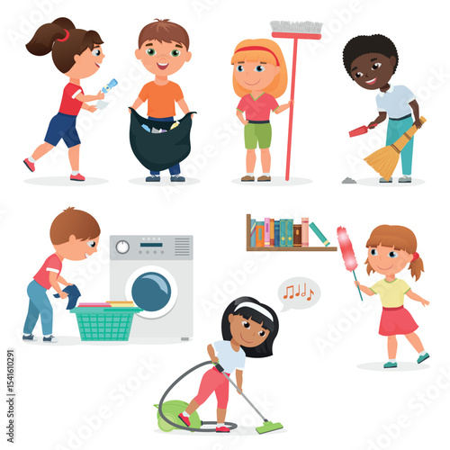 Vector Cartoon kids cleaning at home set. Children in various cleaning positions