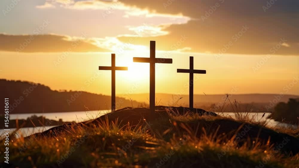 Three crosses stand on a hilltop silhouetted against a vibrant sunrise or sunset sky with calm water and distant hills. Three crosses stand on a hilltop silhouetted against a vibrant sunrise or sunset sky with calm water and distant hills.