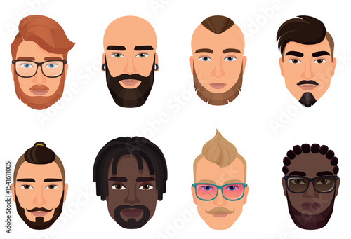 Cartoon hipsters bearded men guys avatars with modern hairstyles, mustaches and beards isolated