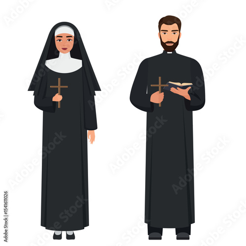 Vector Catholic priest and nun holding cross rood. Flat cartoon vector illustration.