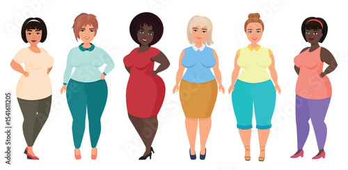 Vector Cartoon happy and smiling plus size woman females. Curvy, overweight girl in casual dress clothes