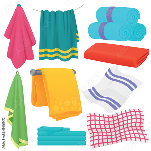 Cartoon towels vector set. Cloth towel for bath, illustration of cartoon fabric towel for hygiene