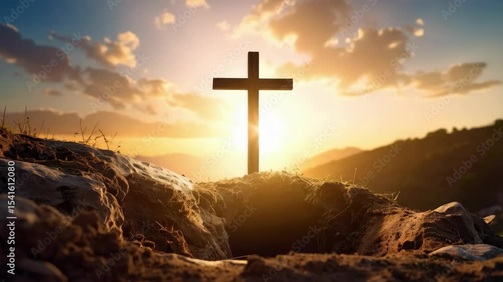 Wooden cross on a mountaintop overlooking sunset, golden sunlight bathes the scene with serene ambiance and empty tomb Wooden cross on a mountaintop overlooking sunset, golden sunlight bathes the scene with serene ambiance and empty tomb