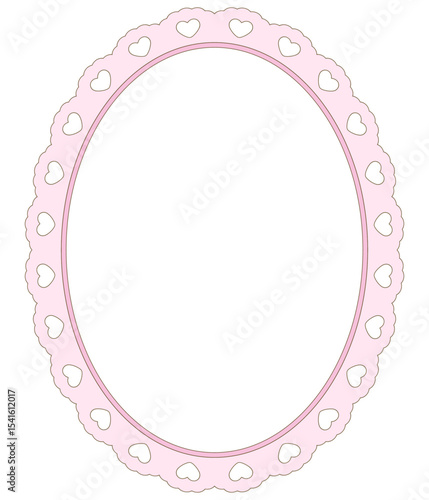 Oval scallop frame in coquette style isolated. Cute round lace border with heart for Valentine's Day cards, Wedding invitations.