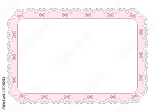 Rectangle scallop frame in coquette style isolated. Cute  lace border with bow and ribbon for Valentine's Day cards, Wedding invitations.