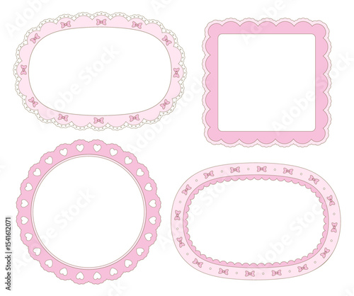 Cute scallop frame in coquette style. Lace border with heart, bow and ribbon for Valentine's Day cards, Wedding invitations.