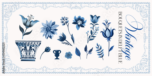 Delfts blauw. Set of graceful linear elements (botanical, fantasy) stylized as Delfts painting of the early 18th century. Vector digital illustrations on a color background with text.