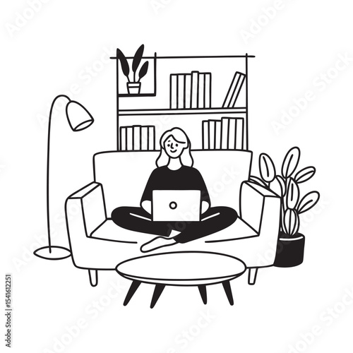 freelancer working on laptop at home – line art scene