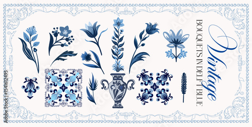 Delfts blauw. Set of graceful linear elements (botanical, fantasy) stylized as Delfts painting of the early 18th century. Vector digital illustrations on a color background with text.