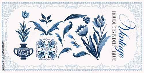 Delfts blauw. Set of graceful linear elements (botanical, fantasy) stylized as Delfts painting of the early 18th century. Vector digital illustrations on a color background with text.