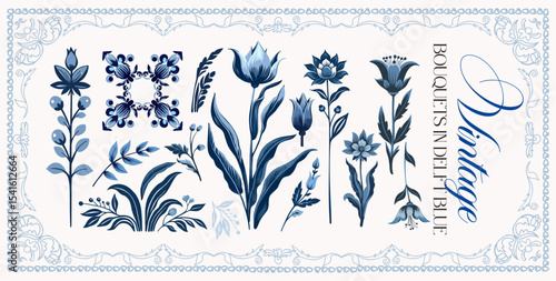 Delfts blauw. Set of graceful linear elements (botanical, fantasy) stylized as Delfts painting of the early 18th century. Vector digital illustrations on a color background with text.