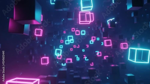 Digital abstract glowing cubes in neon blue and pink colors