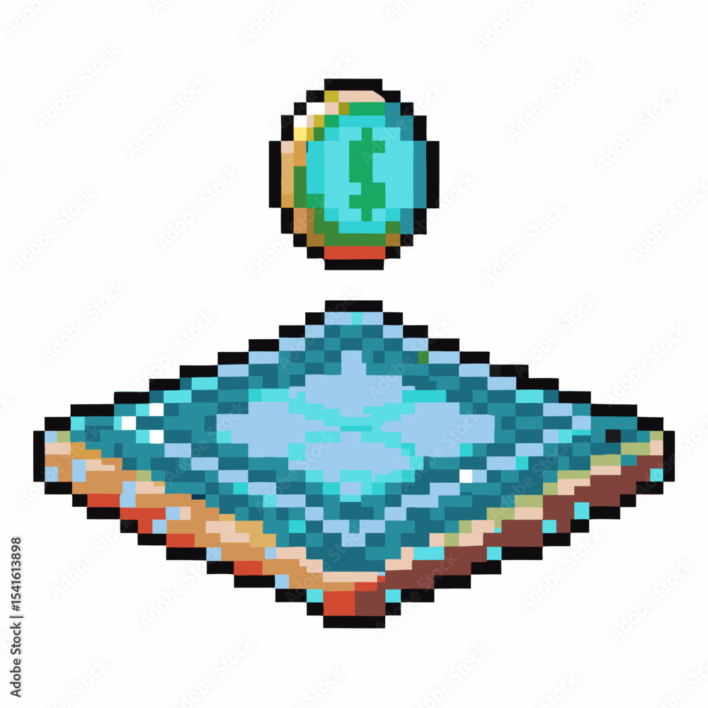 Obraz premium Pixel art floating blue platform with coin above retro gaming asset, digital currency, isometric 8 bit icon