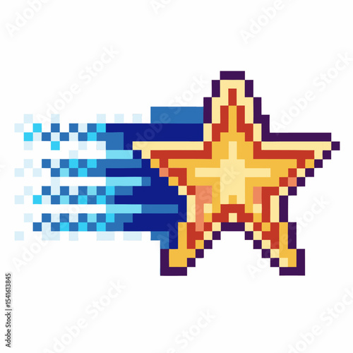 Pixelated golden star in motion, retro 8 bit icon with blue digital streaks, gaming achievement or reward concept
