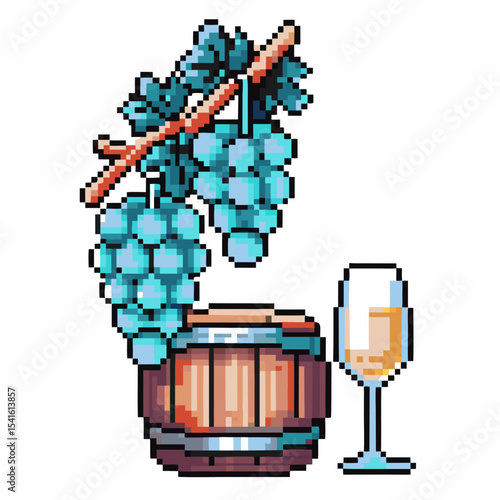 Pixel art illustration of grape bunch, wooden barrel, and glass wine production, harvest, winery concept in retro digital