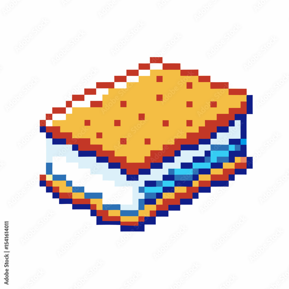 Fototapeta premium Pixel art ice cream sandwich retro 8 bit dessert, sweet creamy treat, summer snack, classic layered confection