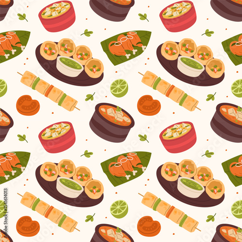 Seamless Pattern of North Indian Dishes and Street Food