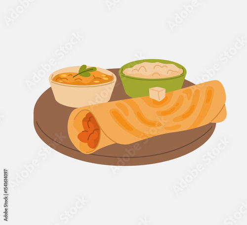 South Indian Masala Dosa with Chutney and Sambar