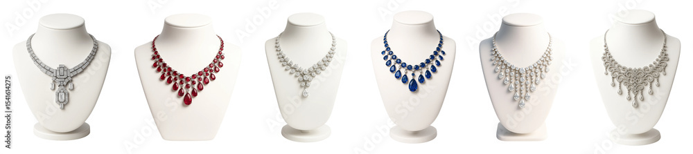Luxury gemstone necklaces on white display stands in a studio setting Luxury gemstone necklaces on white display stands in a studio setting