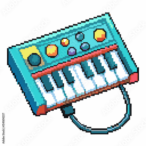 Retro pixel art synthesizer with colorful keys and knobs electronic music instrument, vintage sound equipment illustration