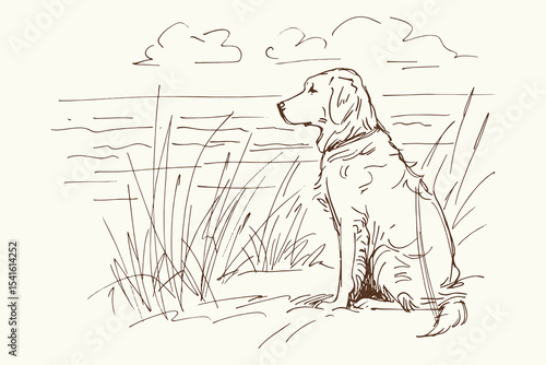Golden retriever at lake shore sketch vector illustration
