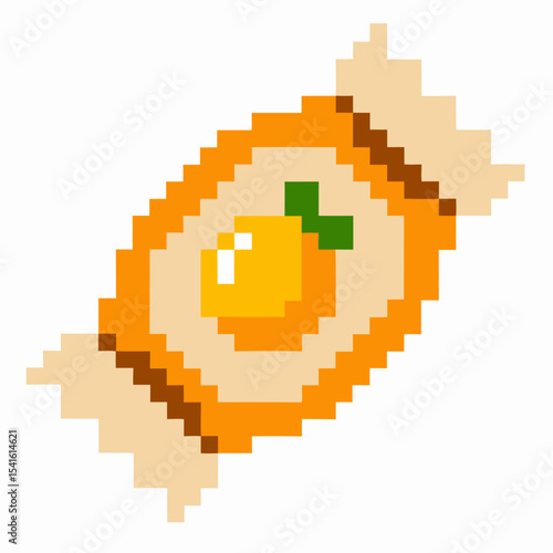 Pixel art orange fruit candy with wrapper retro sweet treat, colorful dessert icon, fun digital confection