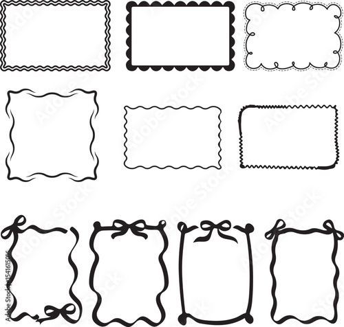 Doodle wavy line frame, vector hand-drawn minimal marine aesthetic border geometric shape set.