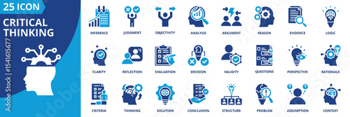 critical thinking icon set collection in dual tone style. an icon pack contain logic, reason, judgment, evidence, analysis, argument, assumption, inference, reflection, evaluation