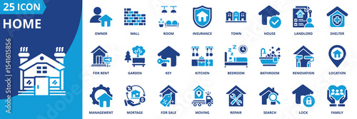 home icon set collection in dual tone style. an icon pack contain owner, house, room, insurance, town, landlord, wall, shelter, for rent, kitchen