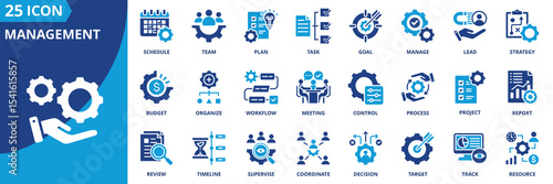 management icon set collection in dual tone style. an icon pack contain manage, plan, lead, strategy, goal, task, team, schedule, organize, project