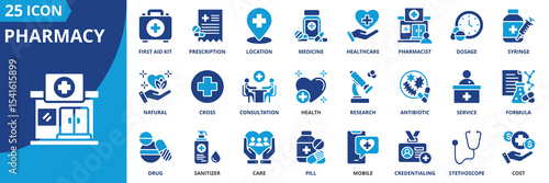pharmacy icon set collection in dual tone style. an icon pack contain first aid kit, prescription, location, medicine, healthcare, pharmacist, dosage, syringe, natural, cross