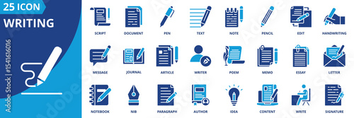 writing icon set collection in dual tone style. an icon pack contain writing, pen, pencil, note, edit, document, text, script, journal, article