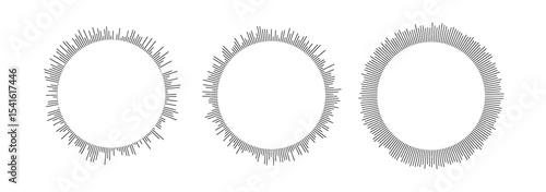 Collection of circular audio waveforms PNG. Vector radial sound beams and music spectrum graphics. Isolated black line icons for sound