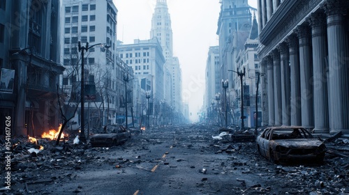 Abandoned cityscape after disaster, showcasing burnt cars and desolate streets amidst smoke