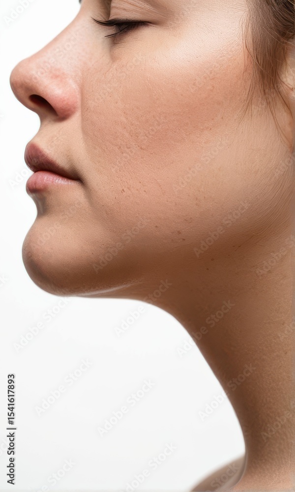 Obraz premium Profile View of Woman's Face and Neck Against White Background
