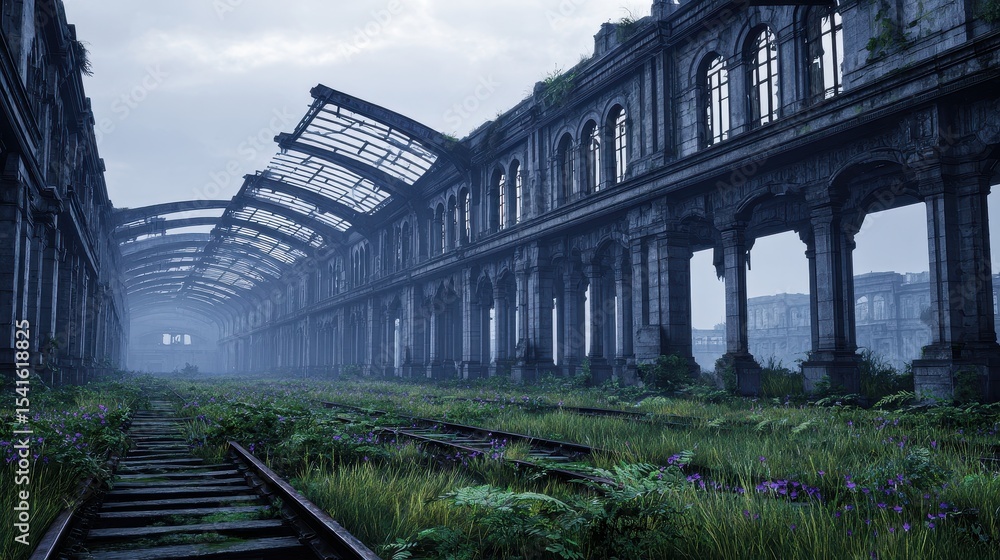 Abandoned railway station overgrown with plants, showcasing decaying architecture and nature Abandoned railway station overgrown with plants, showcasing decaying architecture and nature