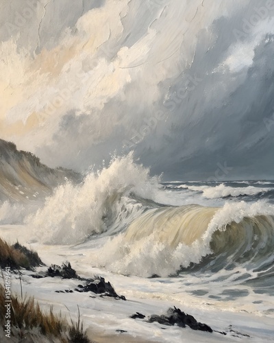 Painting of Crashing Ocean Waves on a Stormy Day