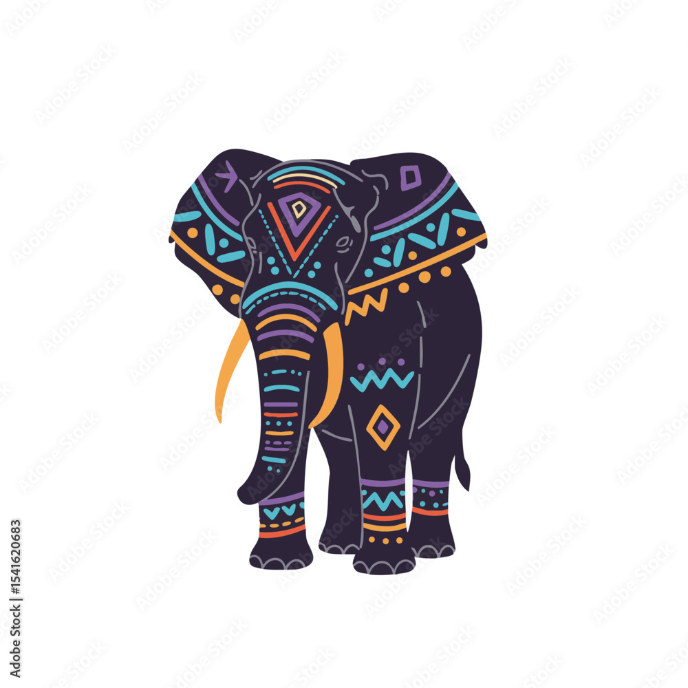 Fototapeta premium African elephant with tribal decor, flat vector silhouette