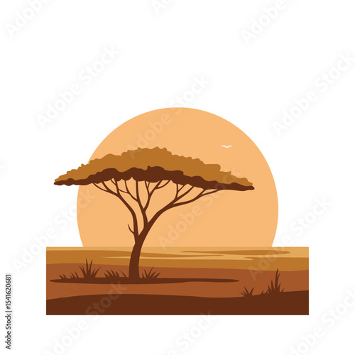 African savanna with acacia tree and sun, flat vector isolated