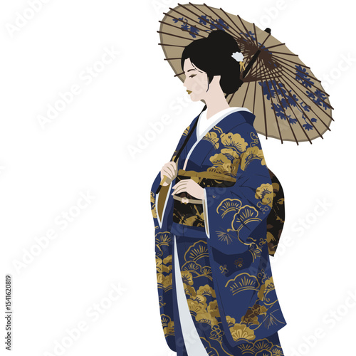 Japanese woman in kimono with umbrella, flat vector 