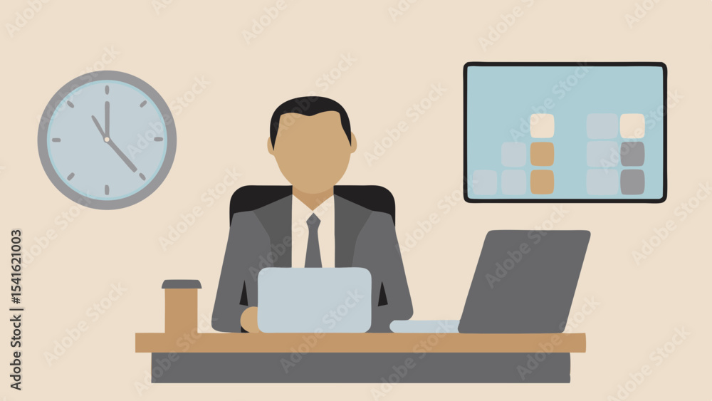 Illustration of a professional at a desk with laptops clock and monitor in an office setting Illustration of a professional at a desk with laptops clock and monitor in an office setting