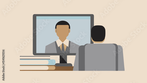 Person having a video conference call with another person on a computer with books on the table top