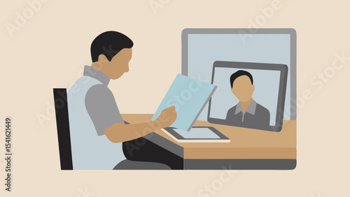 Illustration of a man reviewing documents during a video call on a tablet device at a desk setup