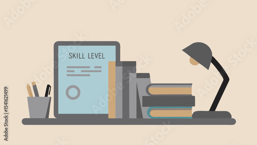 Illustration of a desk with a tablet displaying skill level next to books and a lamp on a light brown background