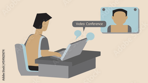 Illustration of a person using a laptop for a video conference with another person on screen