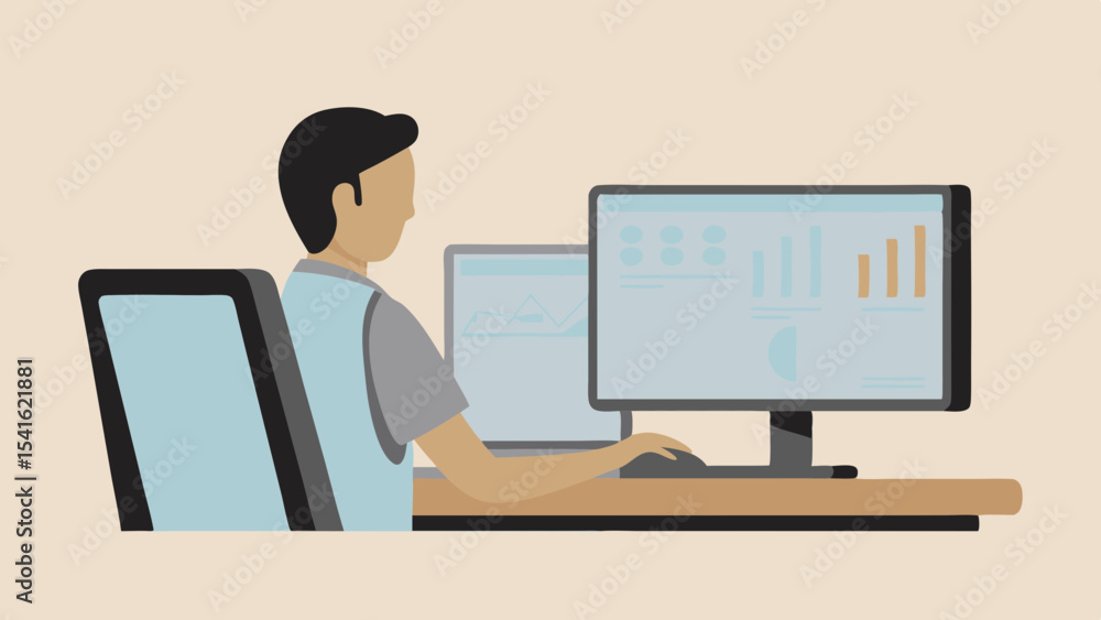 Illustration of a person working at a desk with two computer monitors displaying information Illustration of a person working at a desk with two computer monitors displaying information