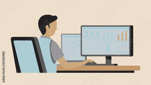 Illustration of a person working at a desk with two computer monitors displaying information