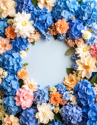 Mural cubierto con flores de diferentes colores, con un espacio central circular