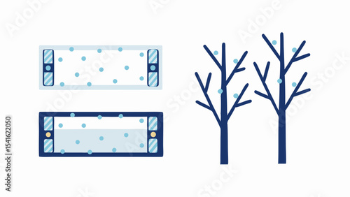 Illustration of two rectangular frames with dots and two bare trees with dots in winter time